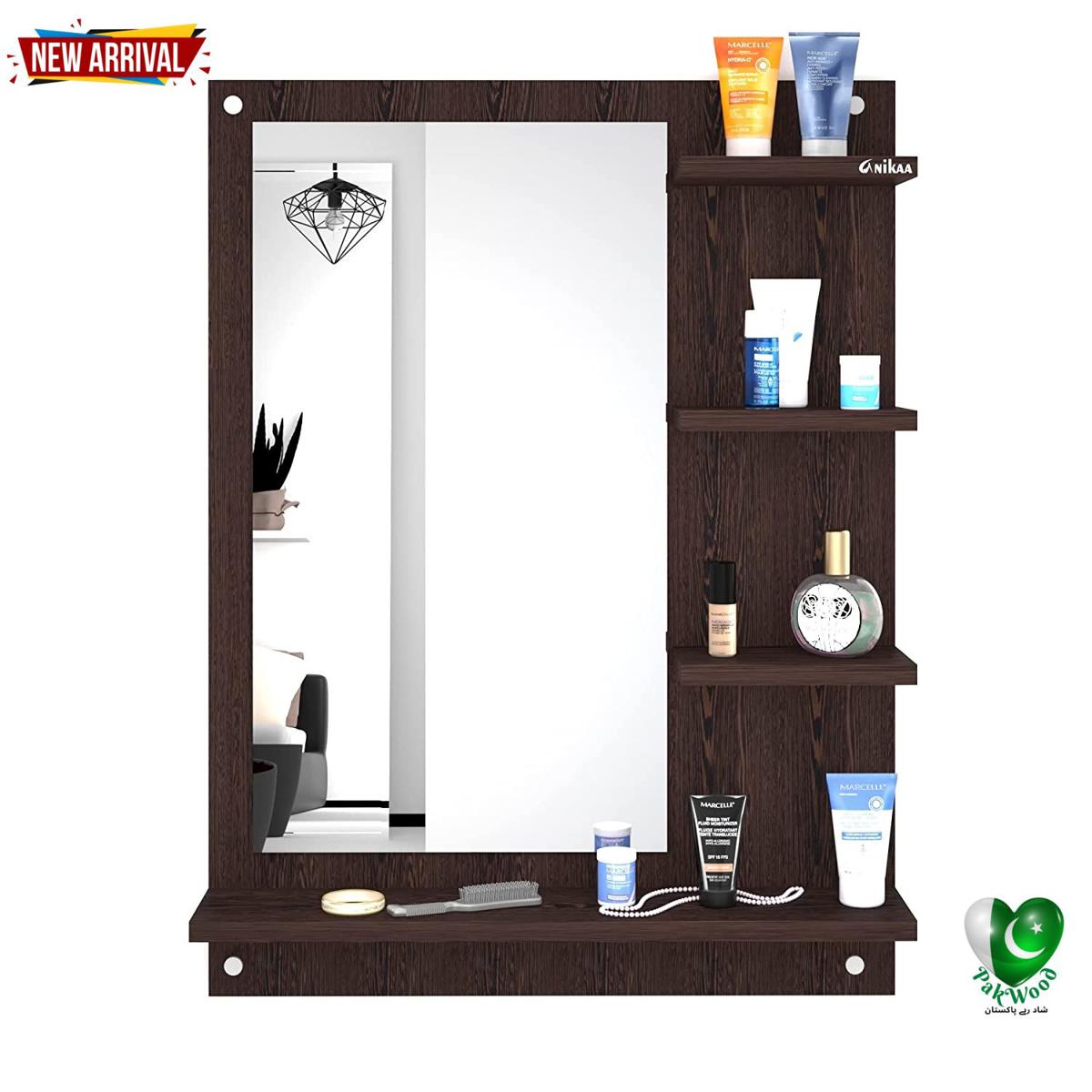 Wood Mirror Rectangular Wall-Mount Dressing Mirror with Shelves