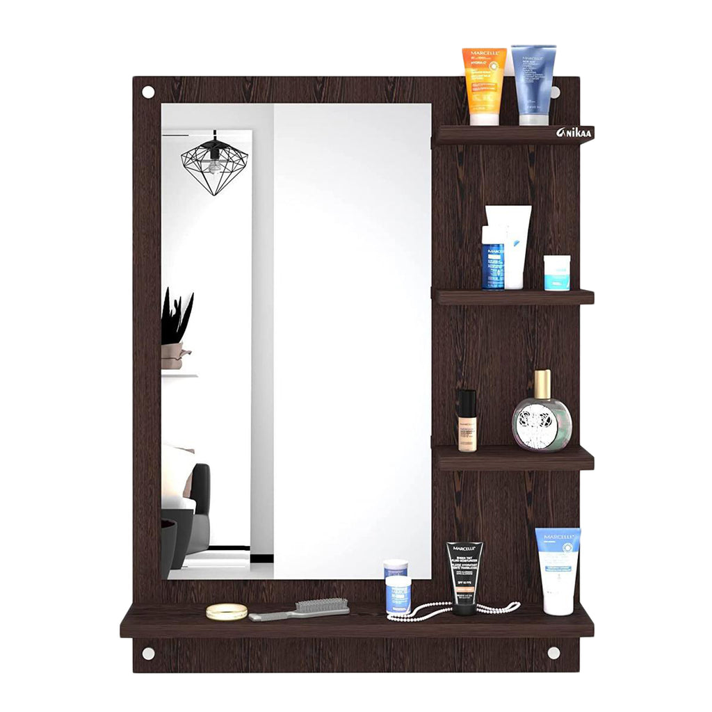 Wood Mirror Rectangular Wall-Mount Dressing Mirror with Shelves