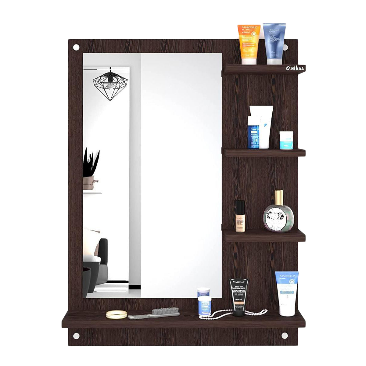 Wood Mirror Rectangular Wall-Mount Dressing Mirror with Shelves