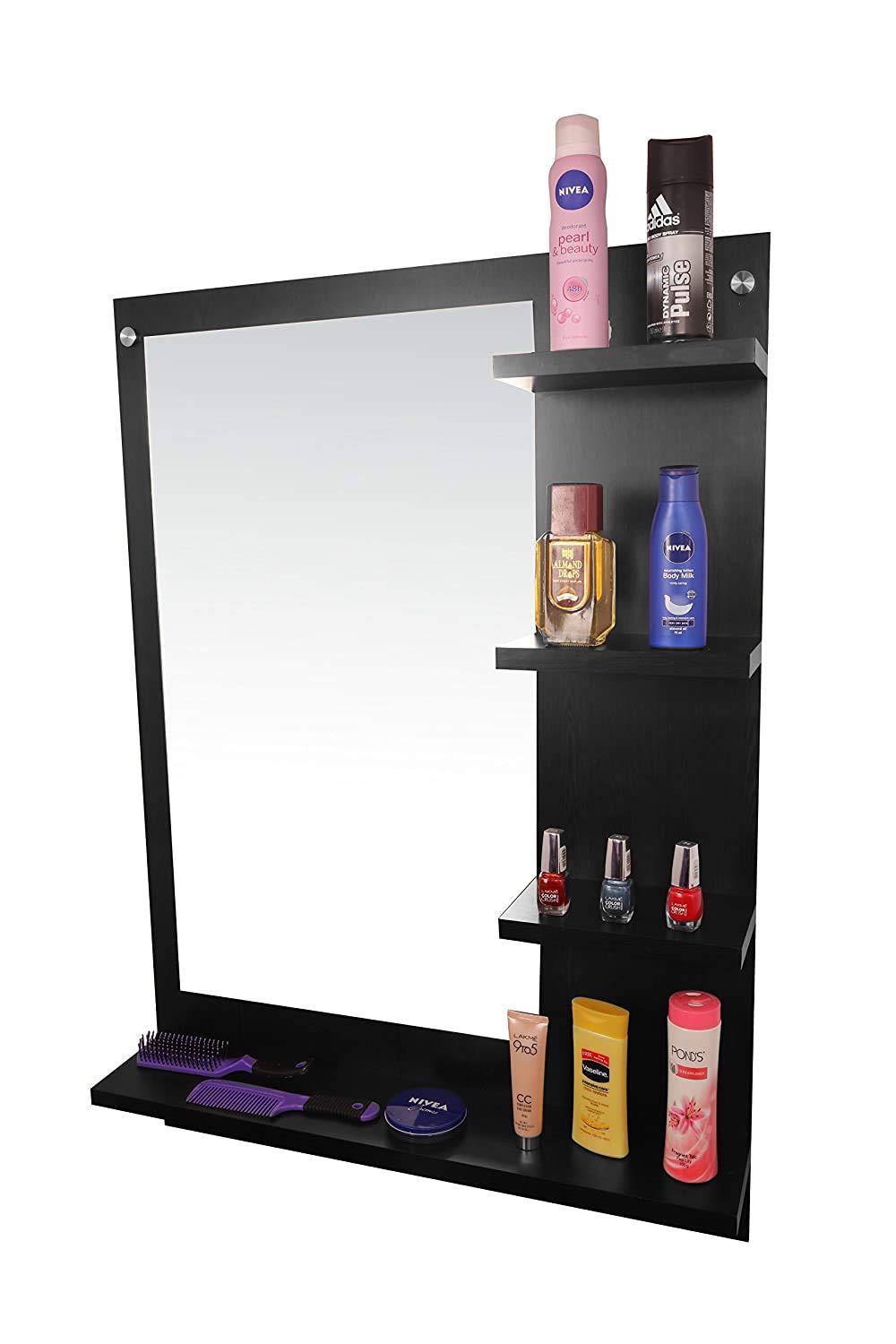 Wood Mirror Rectangular Wall-Mount Dressing Mirror with Shelves