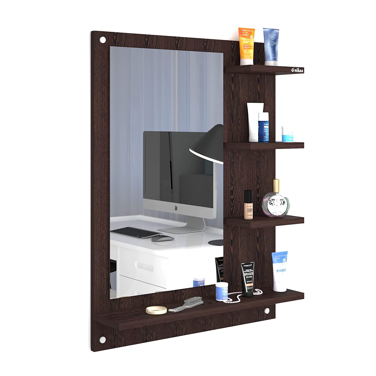 Wood Mirror Rectangular Wall-Mount Dressing Mirror with Shelves