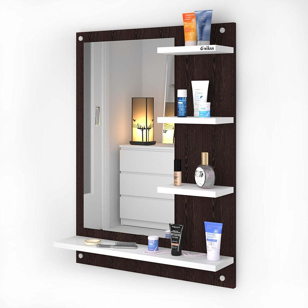 Wood Mirror Rectangular Wall-Mount Dressing Mirror with Shelves