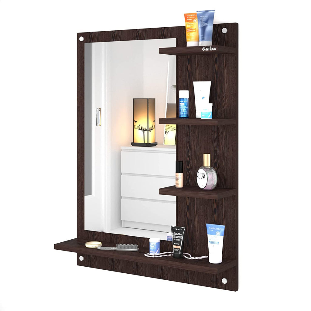 Wood Mirror Rectangular Wall-Mount Dressing Mirror with Shelves