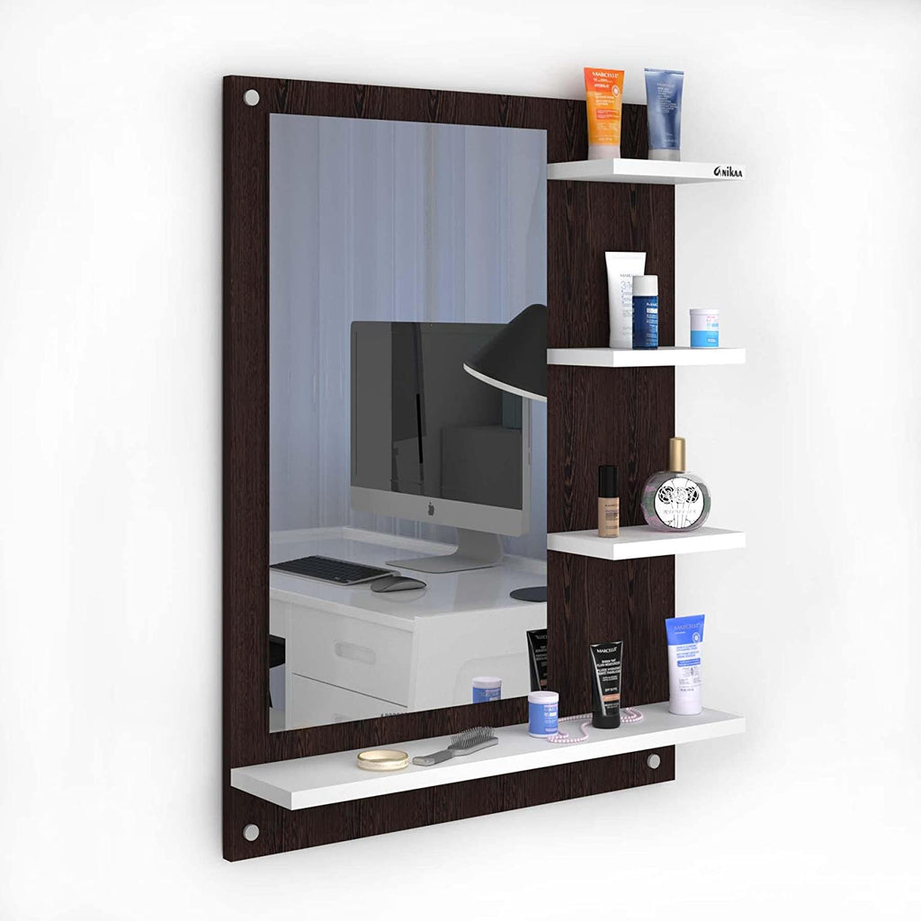 Wood Mirror Rectangular Wall-Mount Dressing Mirror with Shelves