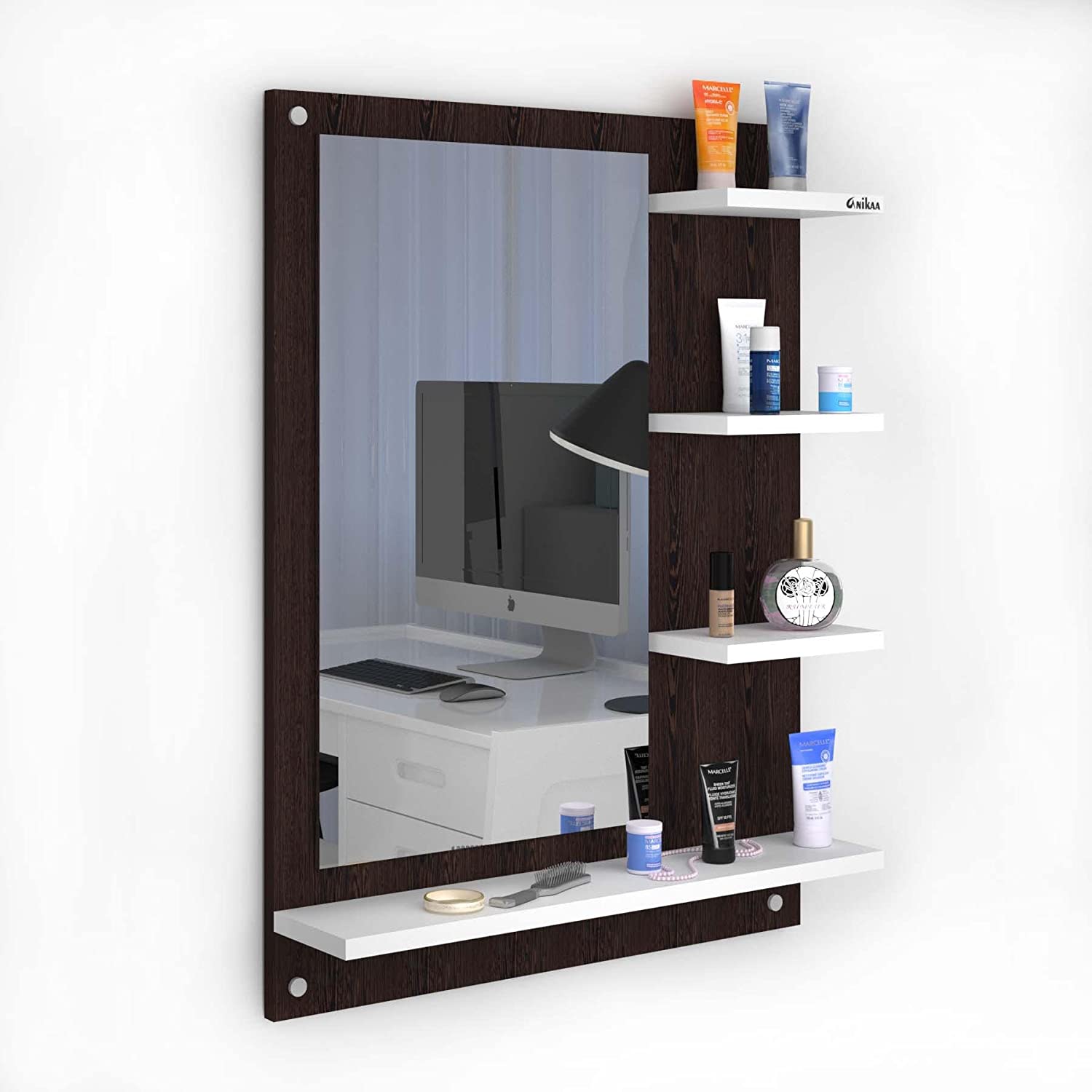 Wood Mirror Rectangular Wall-Mount Dressing Mirror with Shelves