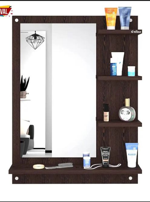 Wood Mirror Rectangular Wall-Mount Dressing Mirror with Shelves