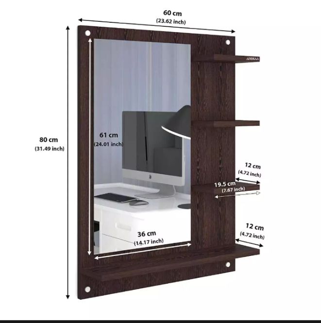 Wood Mirror Rectangular Wall-Mount Dressing Mirror with Shelves